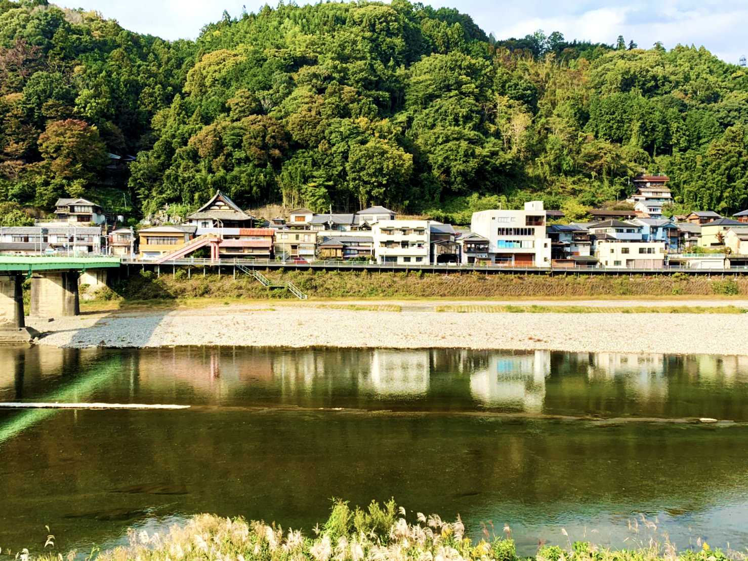 吉野川南岸より撮影された、リバーフィールドよしのの河川敷と吉野町上市の街並みの写真。写真左側に上市橋の橋梁が確認できる