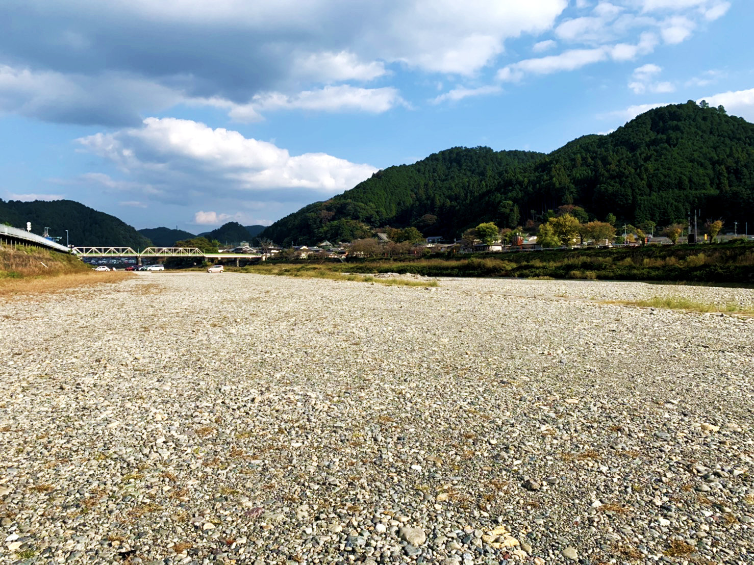 吉野川上流側より撮影された、無人のリバーフィールドよしのの風景写真