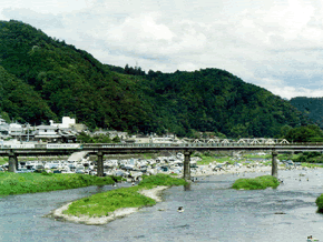 吉野川の上に架けられた桜橋の遠景写真