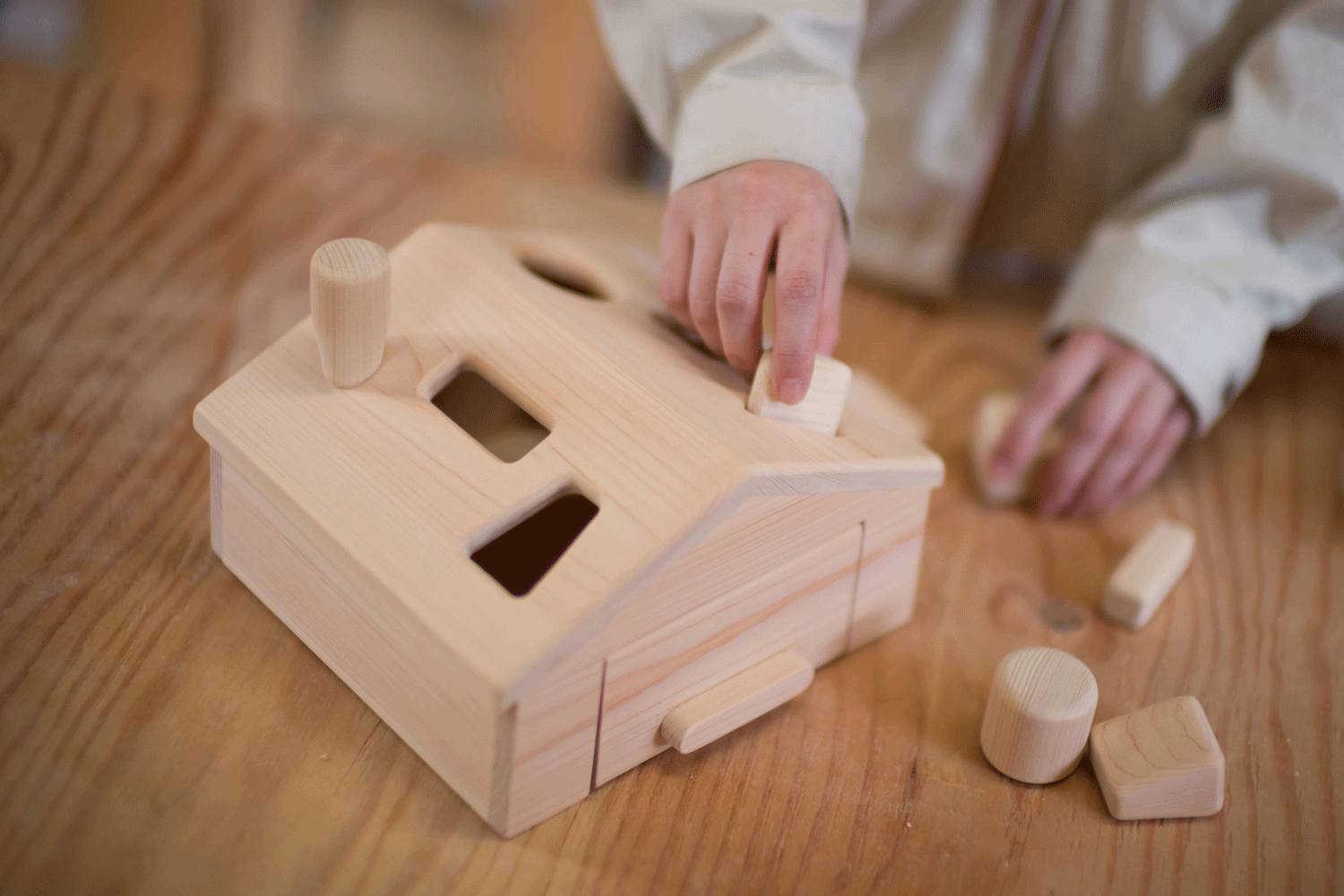 木工素材で作った家のおもちゃの屋根には穴が空いている。空いた屋根に木の個体を入れ込む写真。