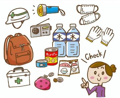 非常用時に必要な道具と食料の絵とcheckと書いてあるイラスト