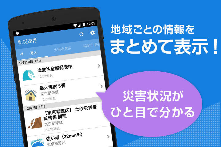 スマートフォンアプリでの災害に係る緊急情報の配信を、どの地域で何の災害が起こっているか示しているイメージ