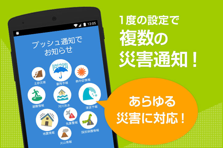 スマートフォンアプリでの災害に係る緊急情報の配信を、どの災害に対応しているか示しているイメージ