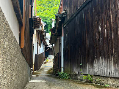 吉野町の路地。歴史ある建物の間で趣のある細道が続いている。