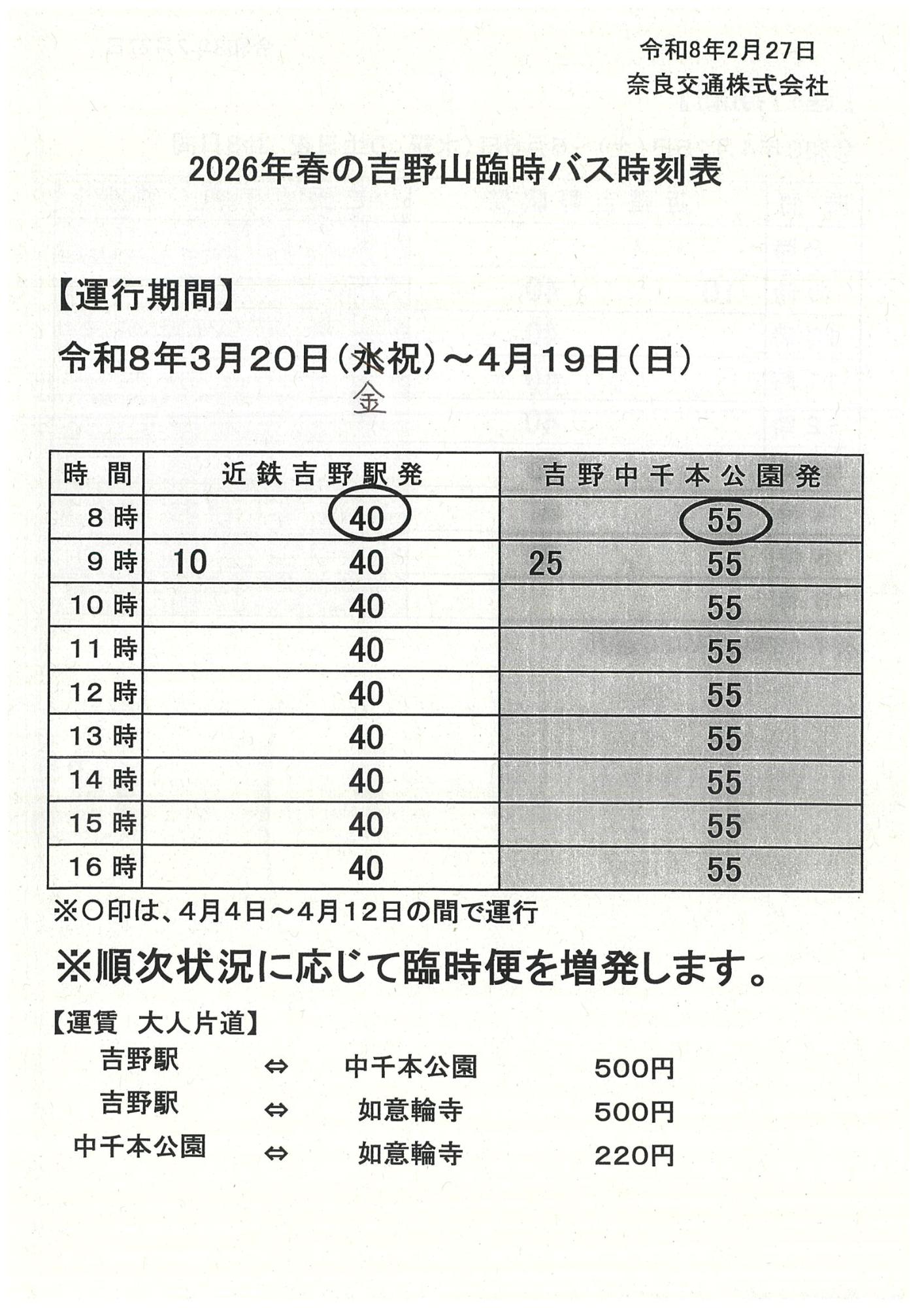 【令和8年】吉野山奈良交通臨時バス時刻表