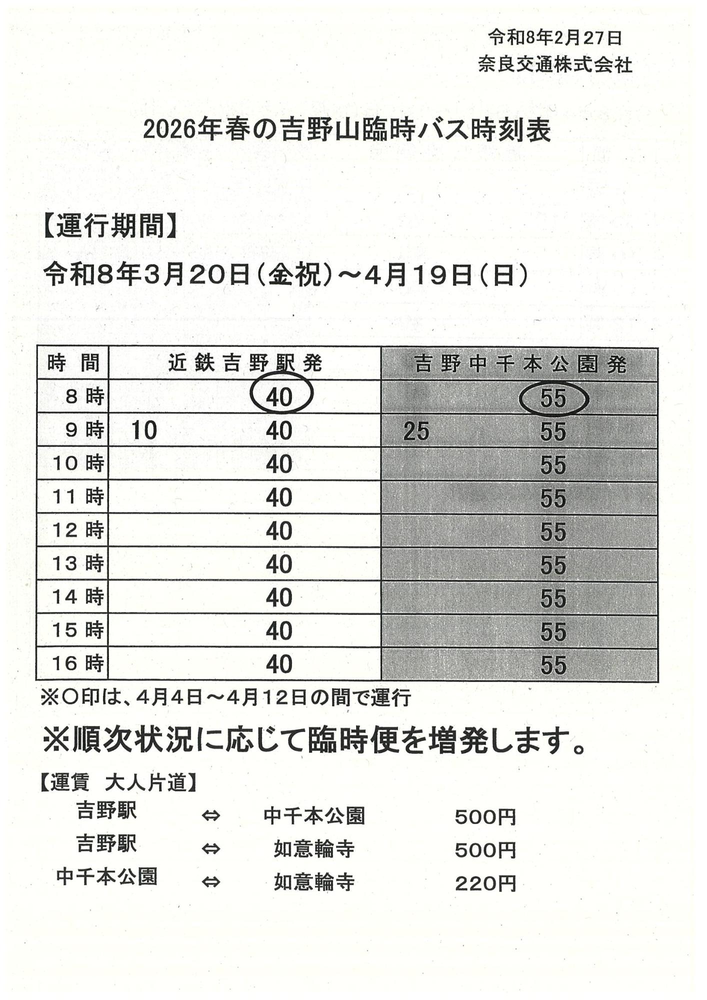 【令和8年】吉野山奈良交通臨時バス時刻表