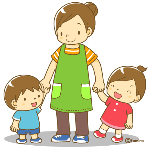 黄緑色のエプロンを着用した女性の保育士さんが2人の子供と手をつないでいるイラスト