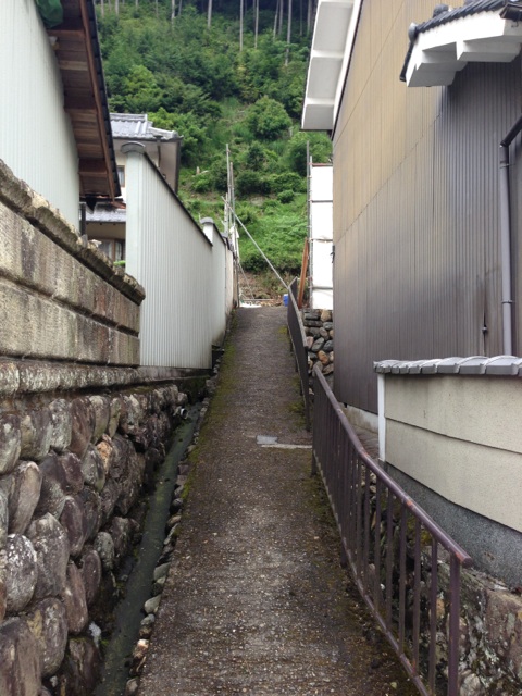 左右を民家と塀に挟まれた細い道の奥に土地がある